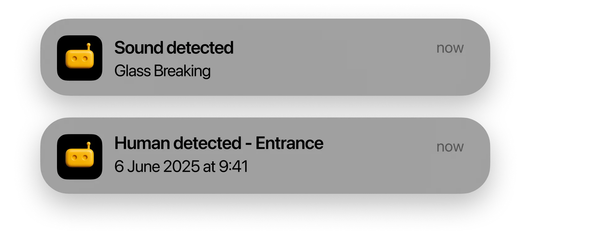 A real RECAM push notification reading: Sound detected — knock, entrance