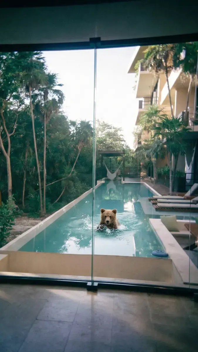 A garden and pool area watched from a sheltered phone camera