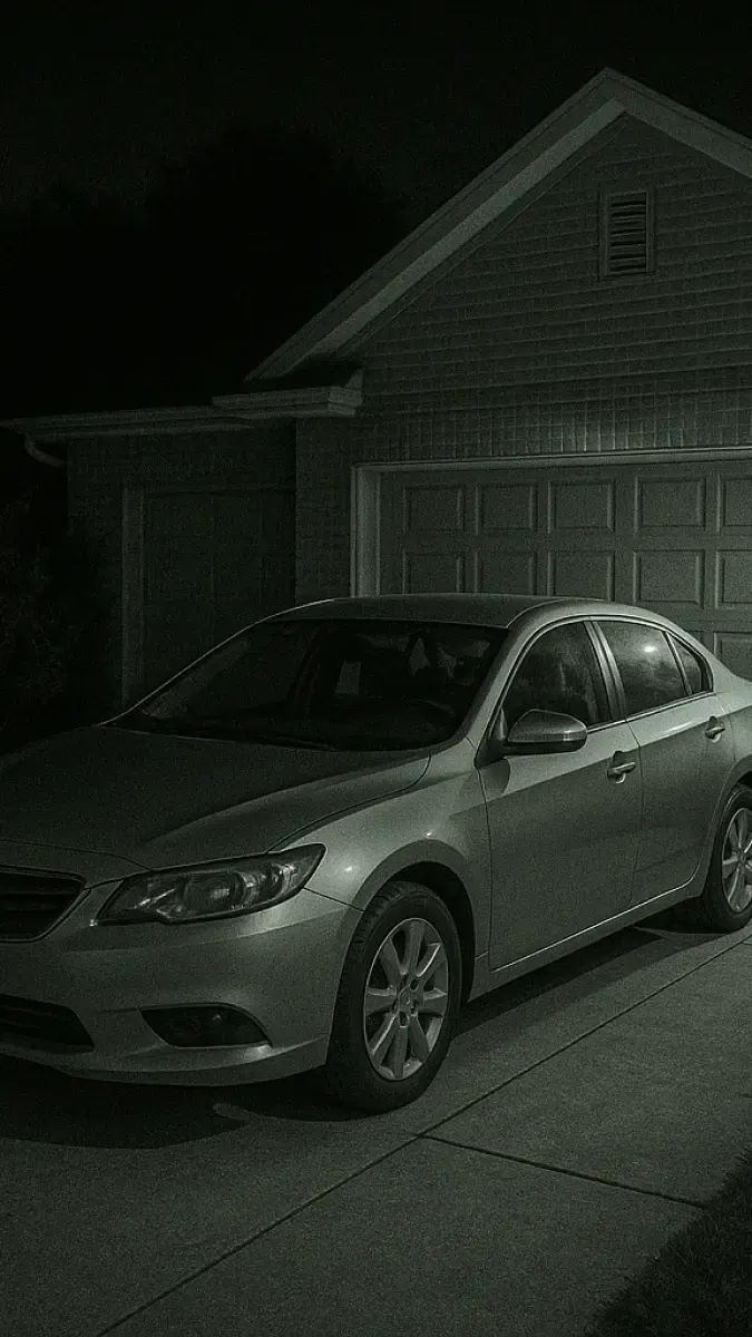 A driveway and parked car at night, seen through a phone camera